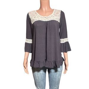 Umgee usa women's peplum lace charcoal tunic 3/4 ruffle sleeve size S,